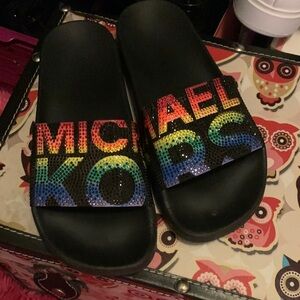 Michael Kors Black Slides with Multicolor Logo